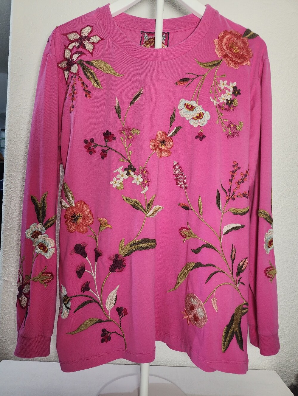 Johnny Was Pink Floral Embroidered Boho Cottagecore Art Wear Tee Top L
